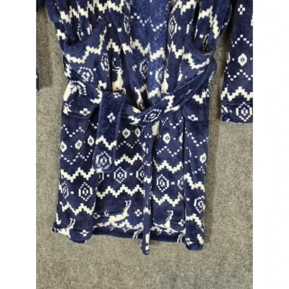 Eddie Bauer Kids Robe Sz L 14/16 Navy Blue White Reindeer Fair Isle Hooded Plush